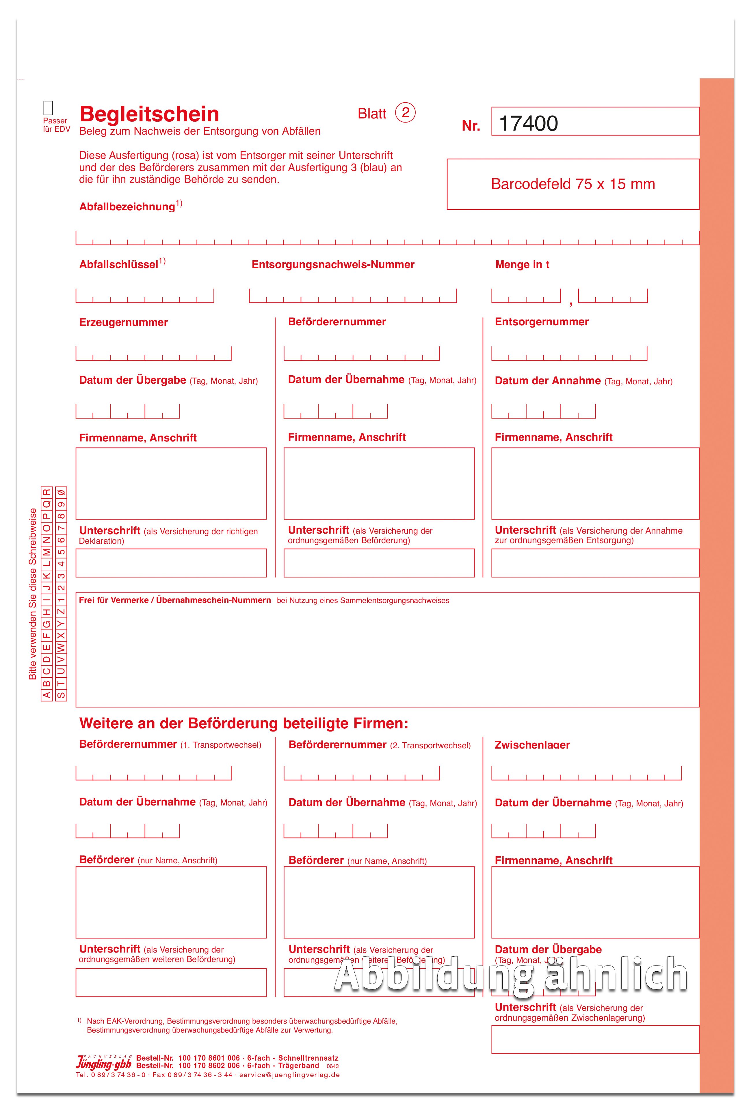 Begleitschein, fortlaufend nummeriert, Schnelltrennsatz, 6-fach
