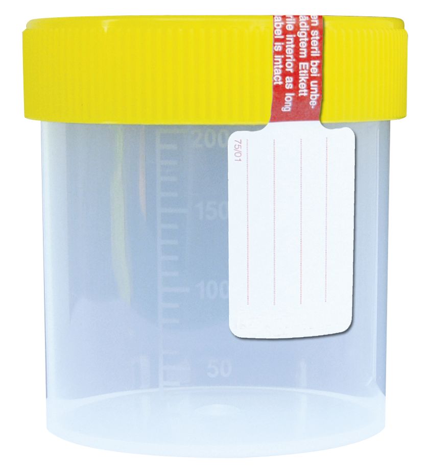 Probenbecher MHD 06/27, 250ml Schraubverschluss, skaliert bis 200 ml, Sicherungsetikett