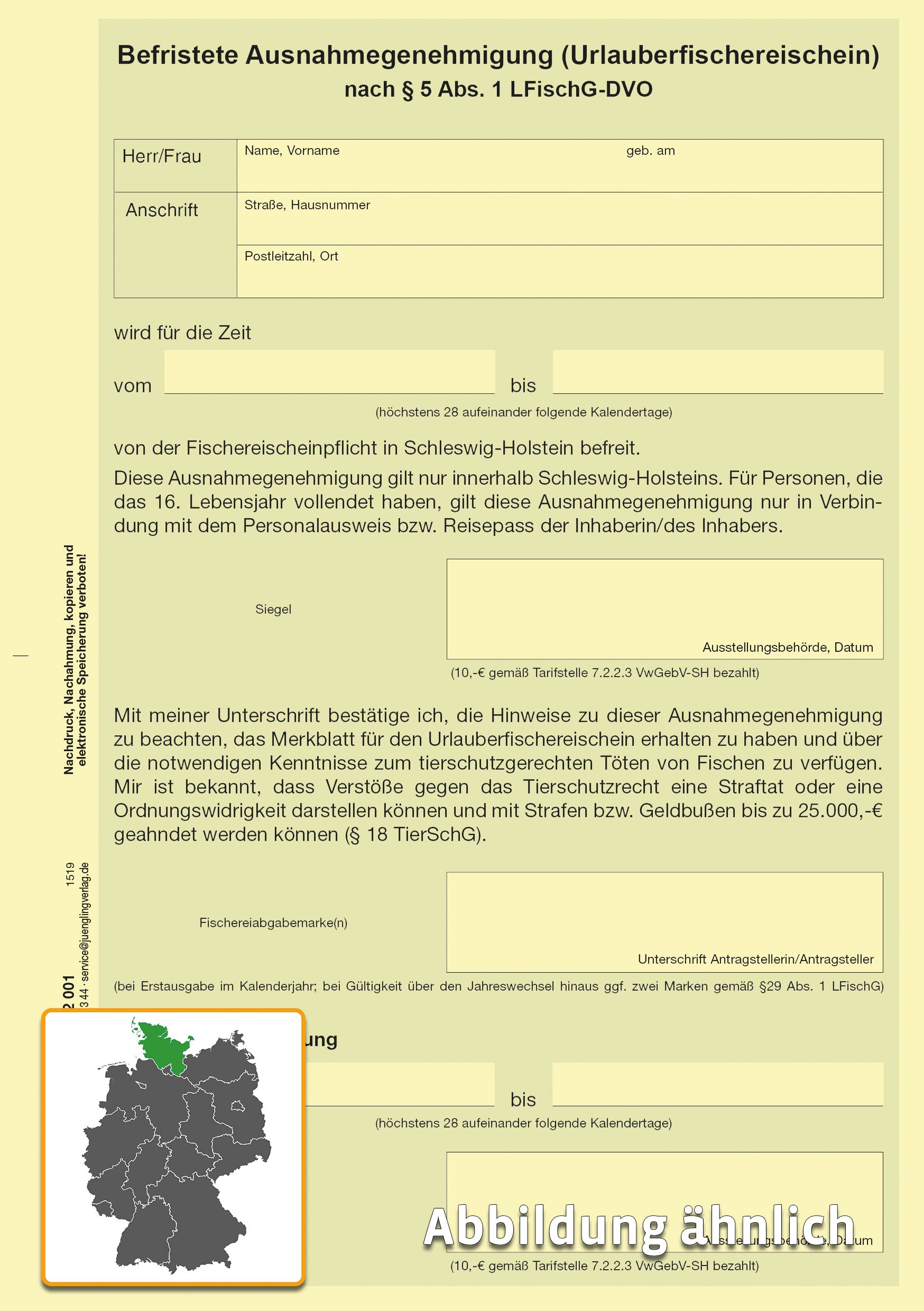 Urlauberfischereischein Ausnahmegenehmigung § 5 LFischG-DVO, A5 Karton gelb