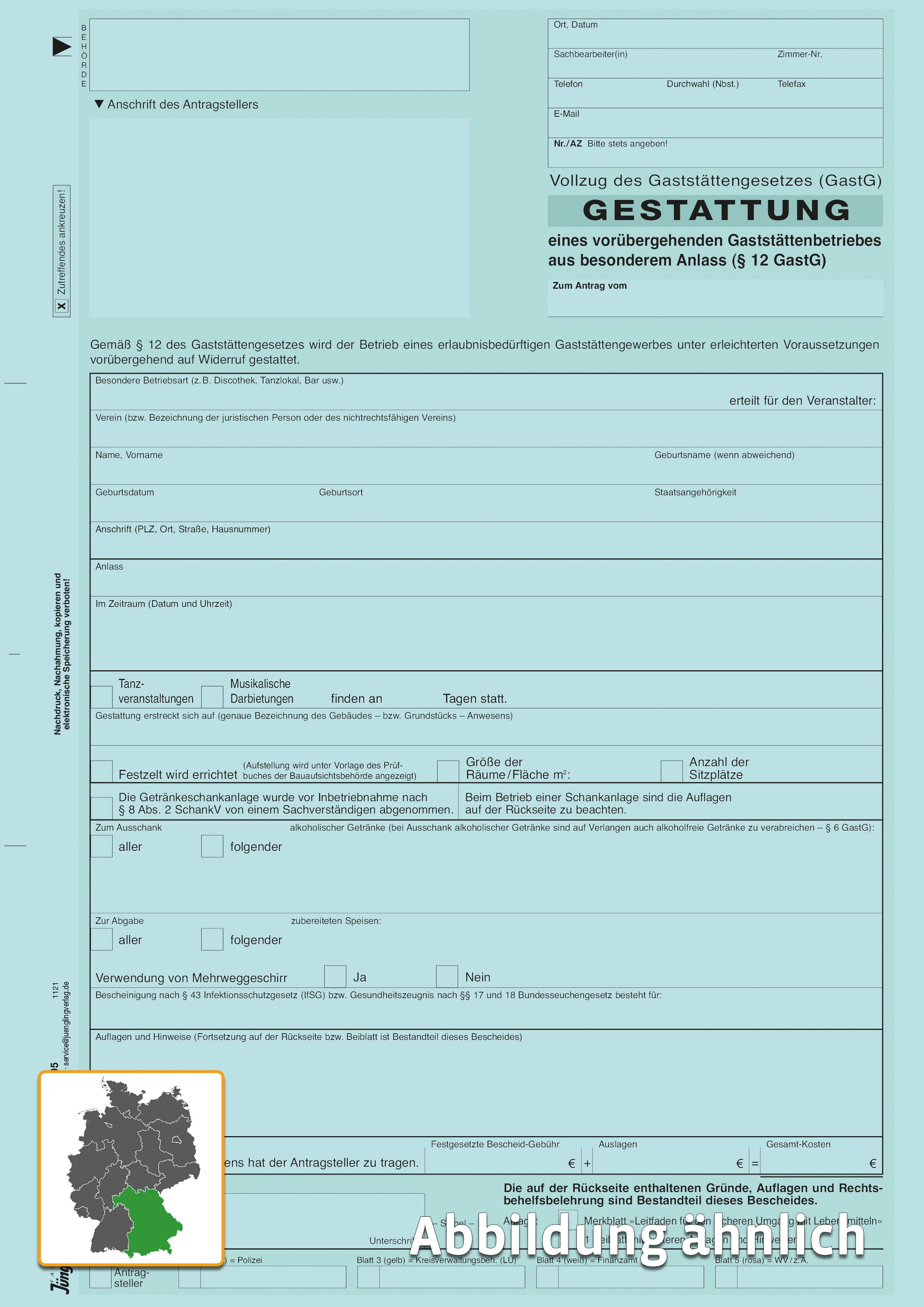 Gestattung nach § 12 GastG (Bayern), A4 5-fach Durchschreibesatz