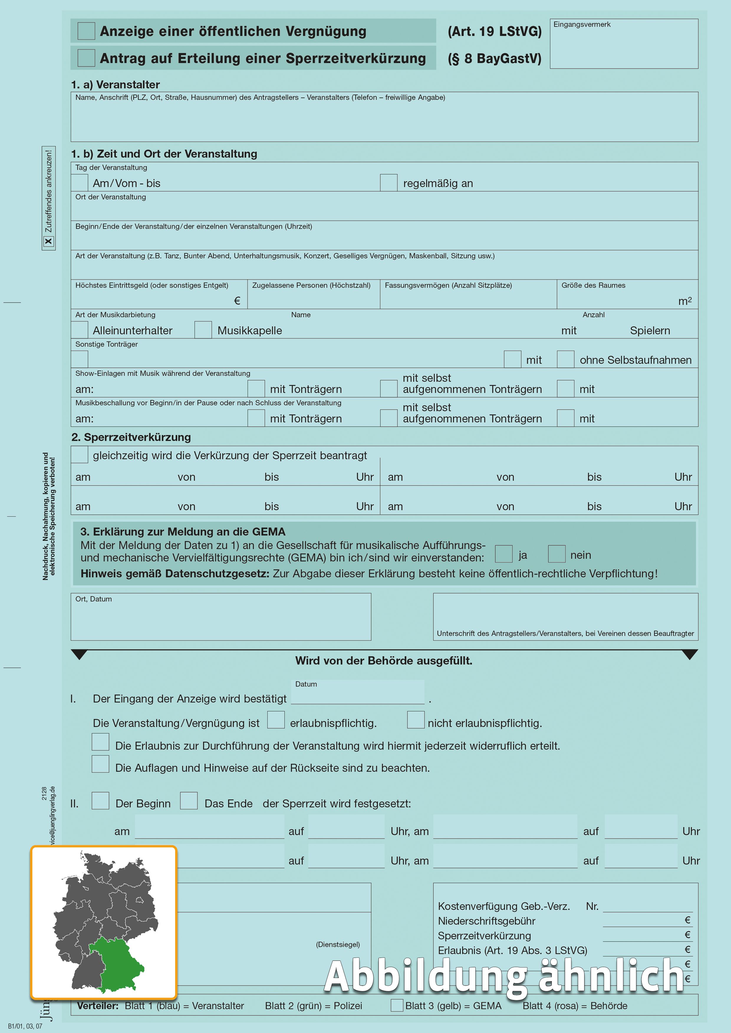 Anzeige Art. 19 LStVG und Sperrzeitverkürzung (Bayern), A4, 4-fach Durchschlag Anzeige Art. 19 LStVG und Sperrzeitverkürzung (Bayern), A4, 4-fach Durchschlag