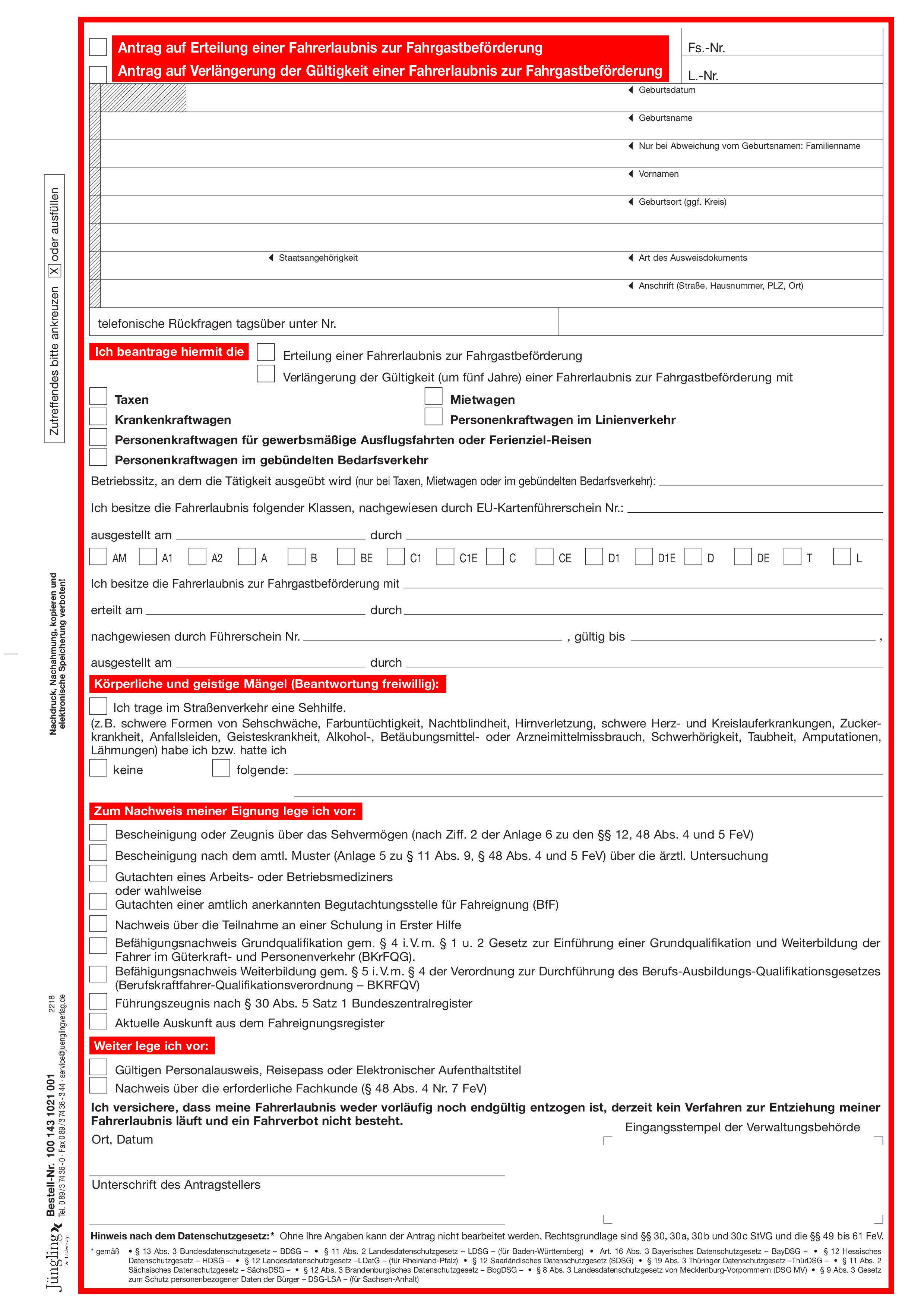 Antrag auf Erteilung/Verlängerung einer Fahrerlaubnis zur Fahrgastbeförderung, A4, 4-seitig