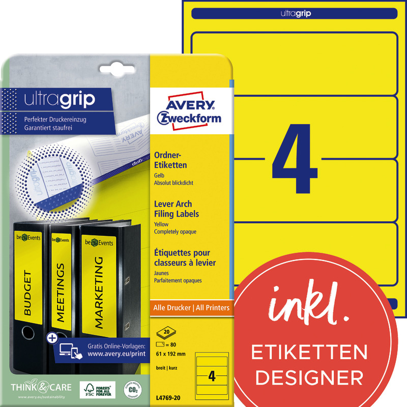 AVERY® Zweckform Ordner-Etiketten, breit, kurz, B x H: 61 x 192 mm - gelb AVERY® Zweckform Ordner-Etiketten, breit, kurz, B x H: 61 x 192 mm - gelb