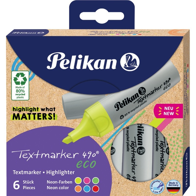 Pelikan Textmarker 490® eco Neon, 6er-Etui, farbsortiert