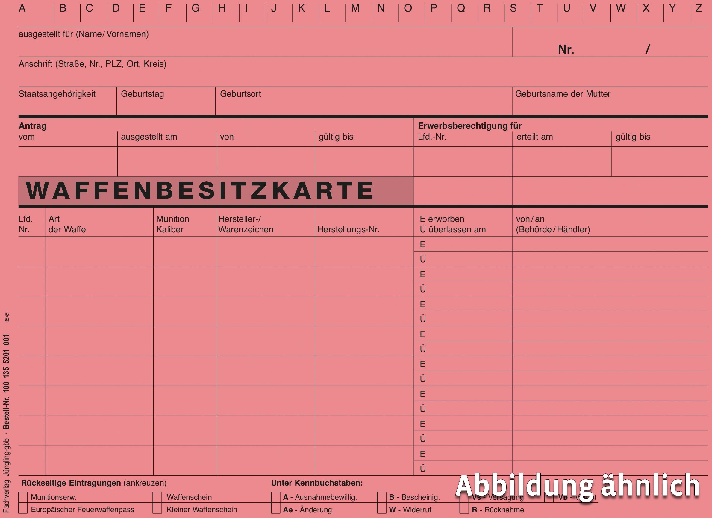 Waffenbesitzkartei, rosa, A5 Karton