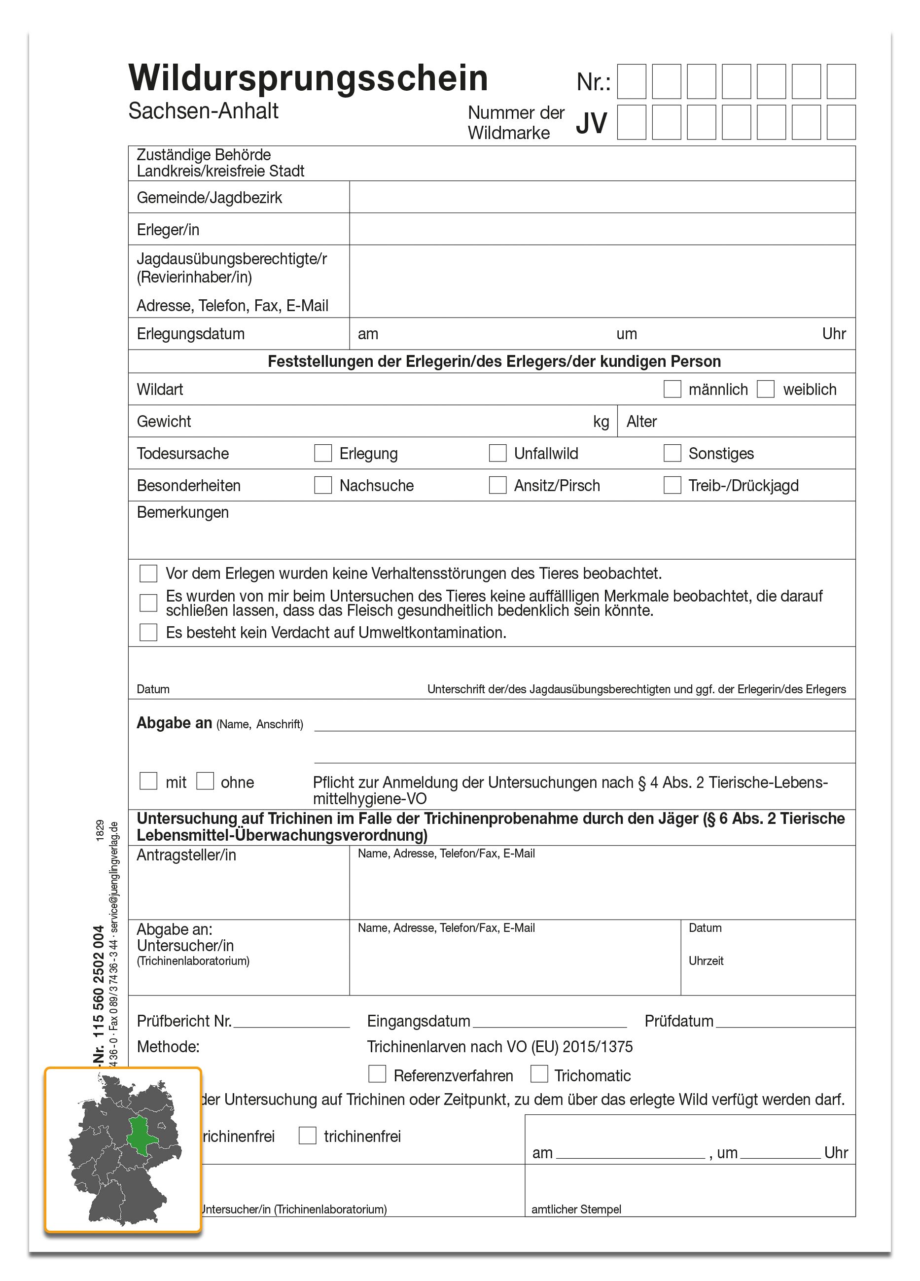 Wildursprungsschein (neu VO (EU) 2015/1375), A5 4-fach SD