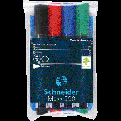 SCHNEIDER Flip-Chart- und Boardmarker Maxx 290, Etui mit 4 farbsortierten Stiften - farbig sortiert