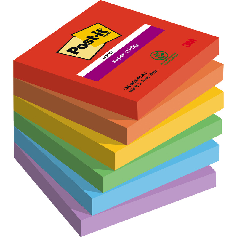 Post-it® Super Sticky Notes, 76 mm x 76 mm, 90 Blatt/Block, 6 Blöcke/Packung - Playful bunt