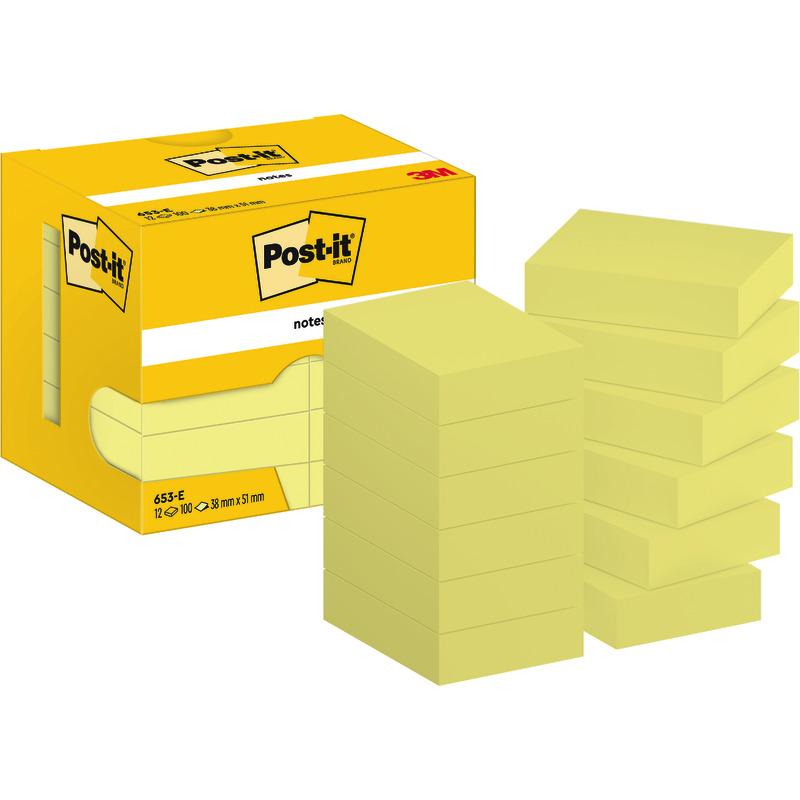 Post-it® Notes, Gelb, 38 mm x 51 mm, 100 Blatt/Block, 12 Blöcke/Packung
