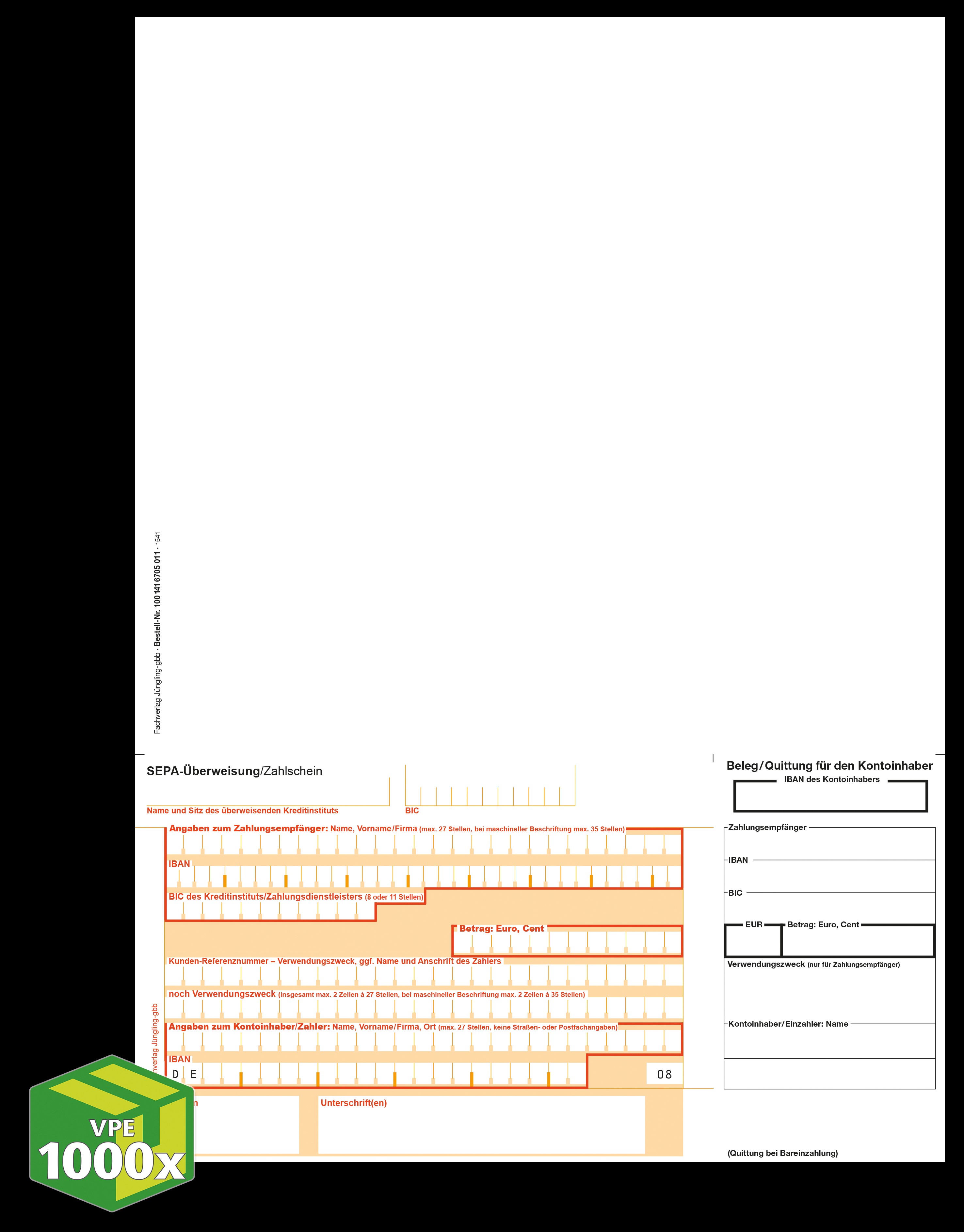 SEPA Zahlschein, Giro unten, Beleg rechts, [08], A4, ohne Hinweistext, Freifeld für QR-Code, VKE 1000 Stück