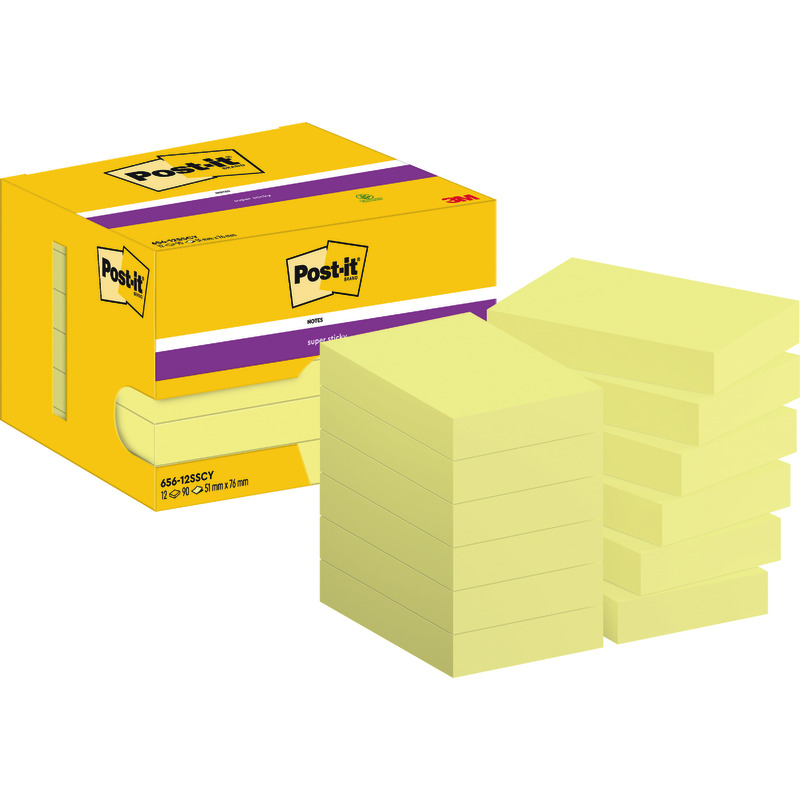Post-it® Super Sticky Notes, Gelb, 51 mm x 76 mm, 90 Blatt/Block, 12 Blöcke/Packung