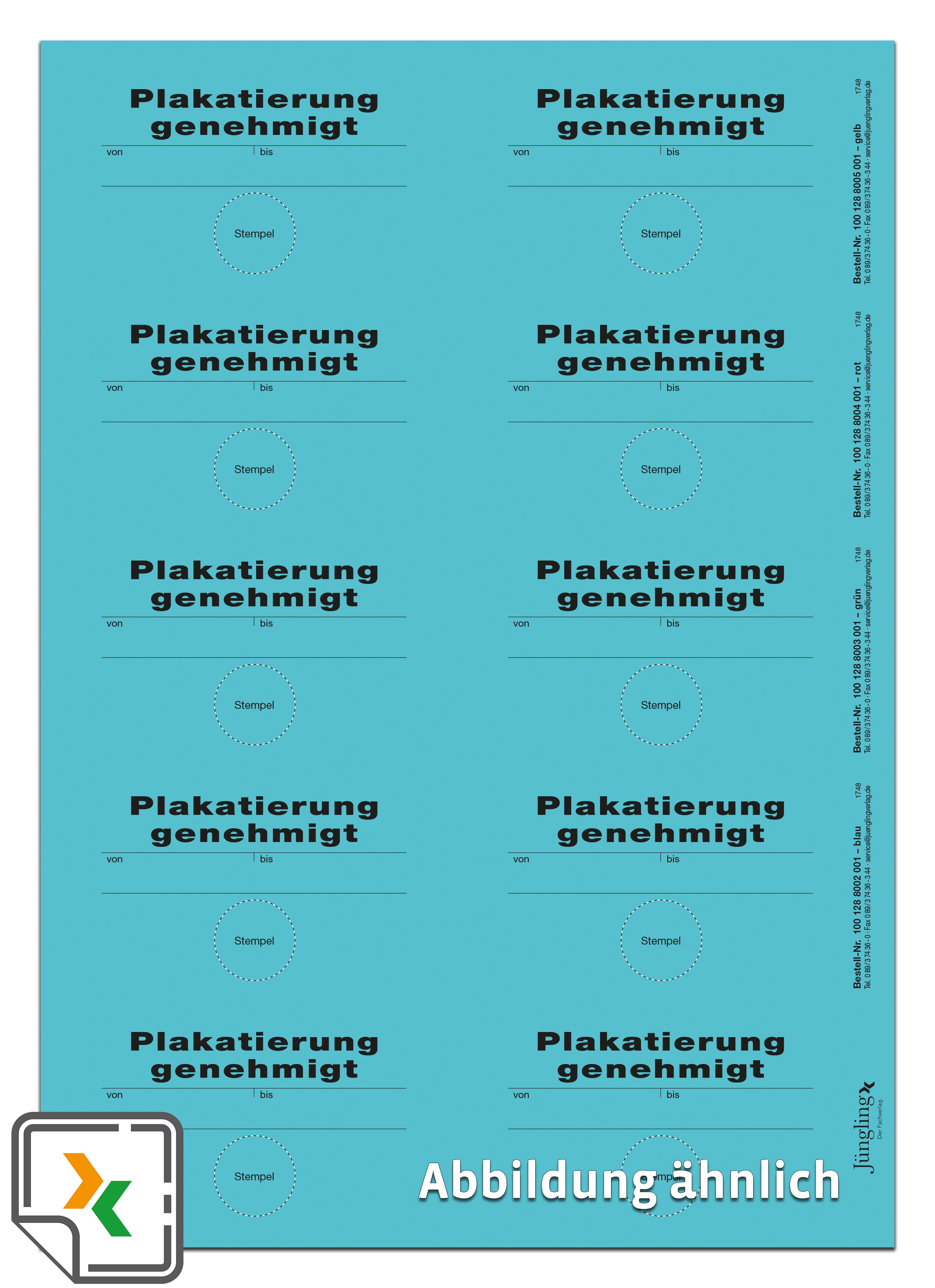 Aufkleber Plakatierung genehmigt, blau, 75 x 50 mm, 10 Stück je Bogen