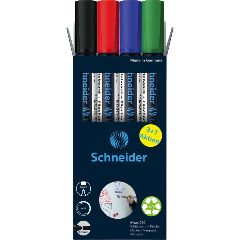 3 + 1 GRATIS! 4 SCHNEIDER Flipchart- und Boardmarker Maxx 290
