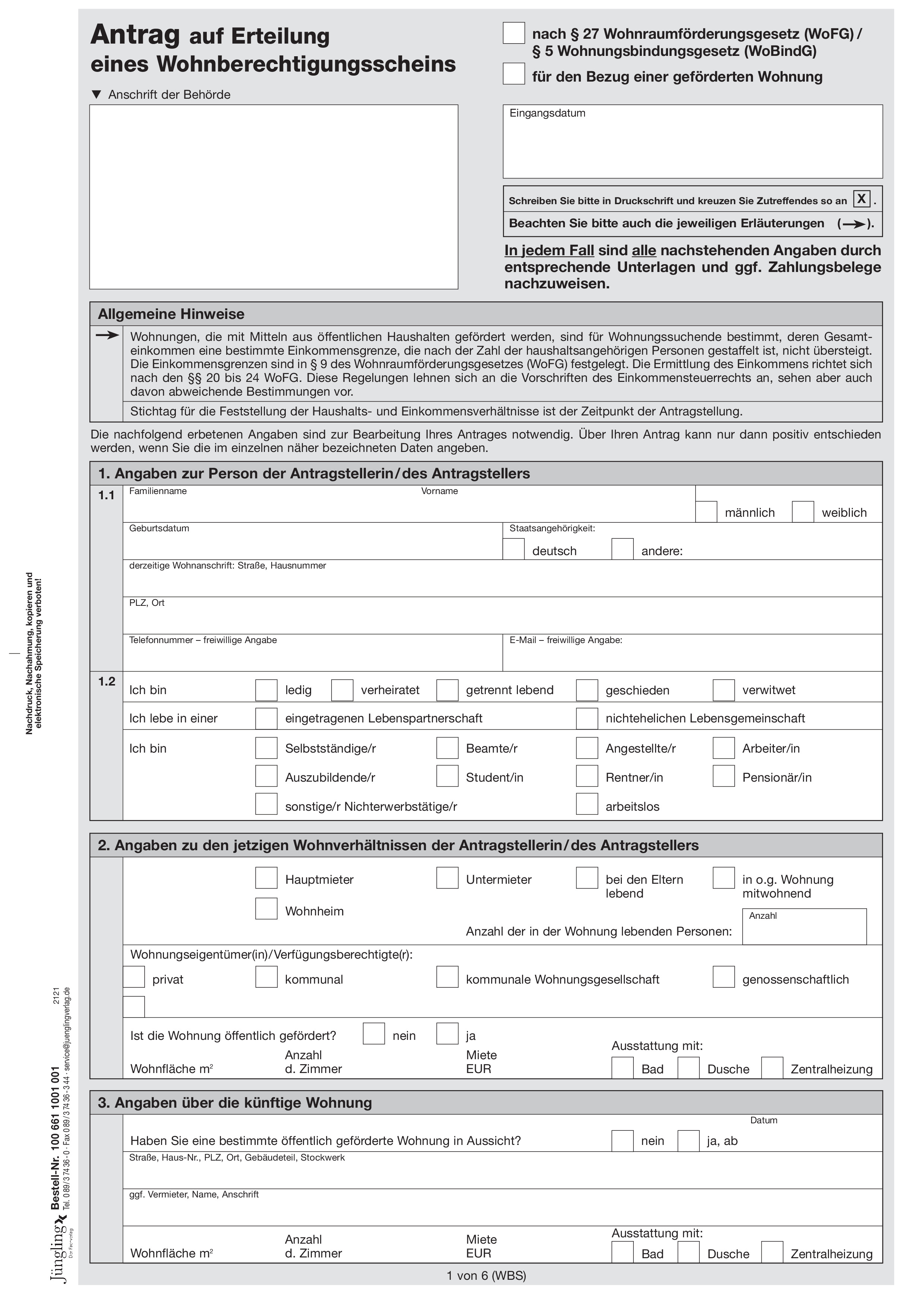 Antrag auf Erteilung einer Wohnberechtigungsbescheinigung mit Einkommenserklärung, A4 6-seitig
