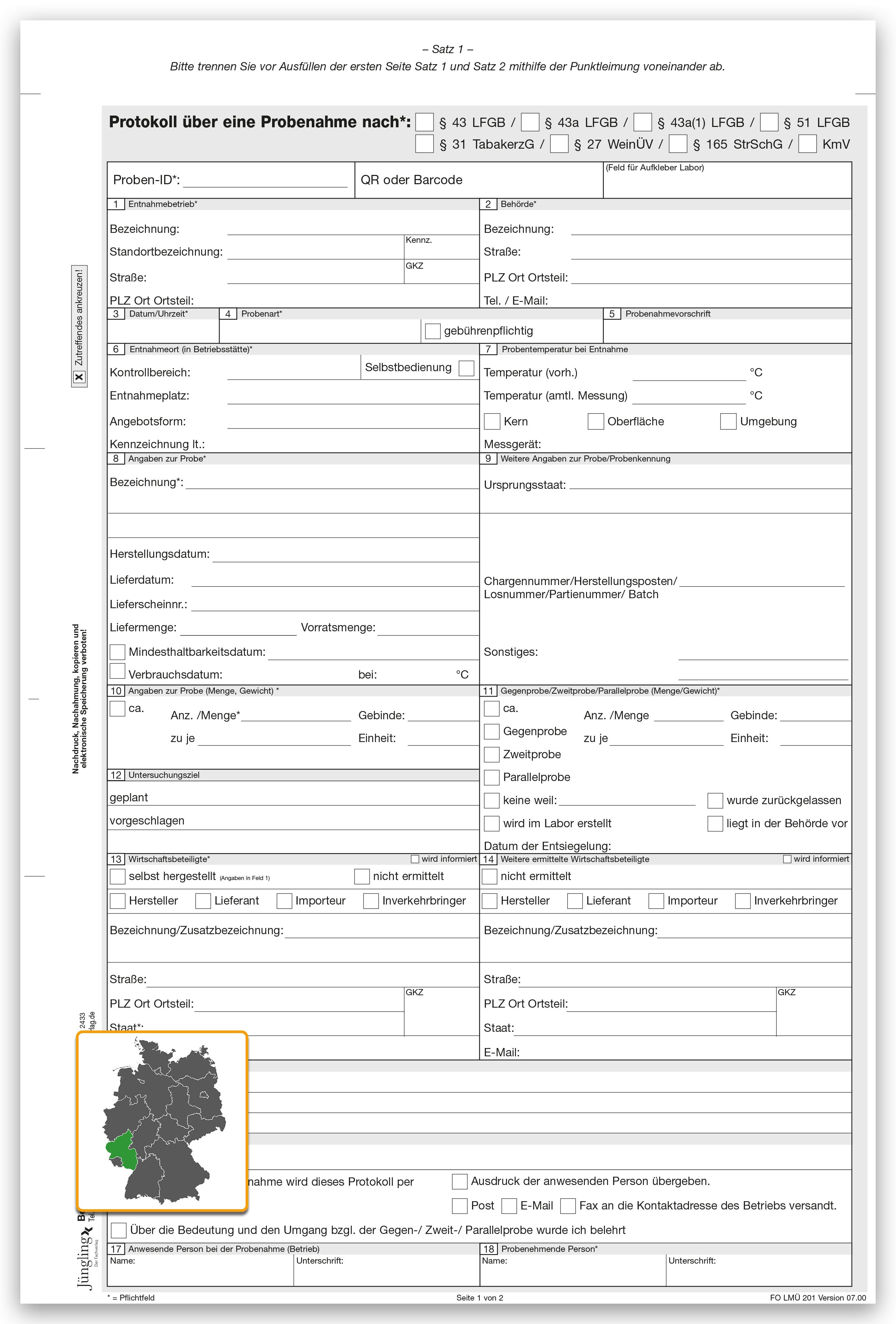 Lebensmittel-Probenahmeniederschrift, § 43 LFGB u. a. , Version 07.00, A4, 4fach, SD