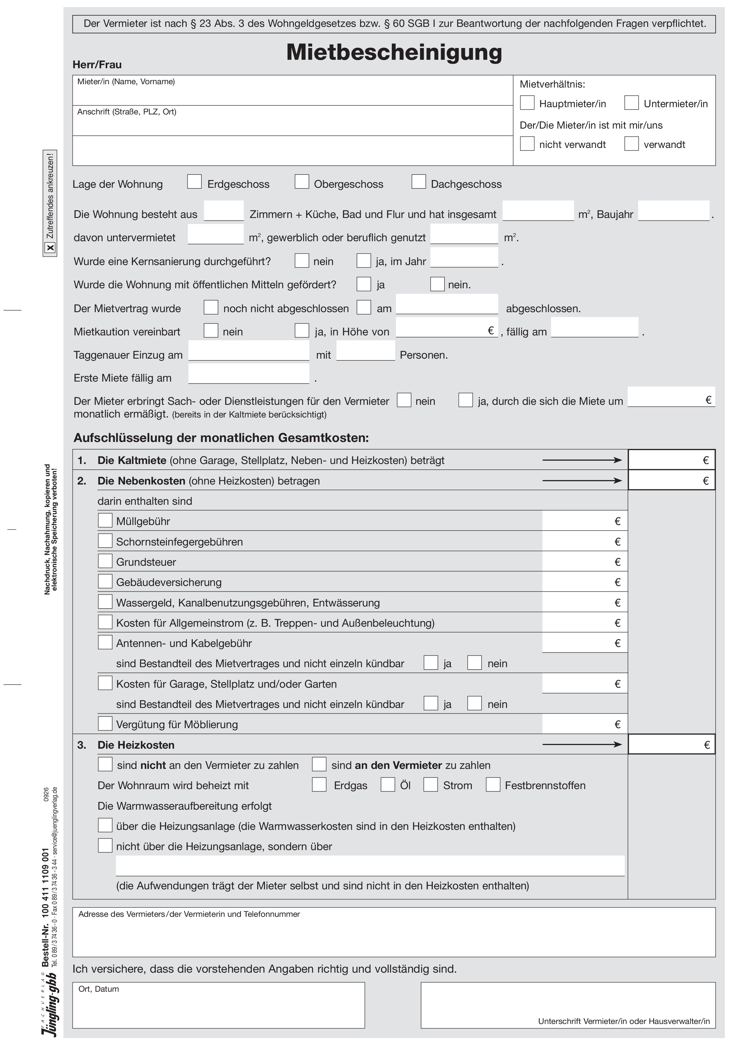 Mietbescheinigung nach § 23 Abs. 3 Wohngeldgesetz