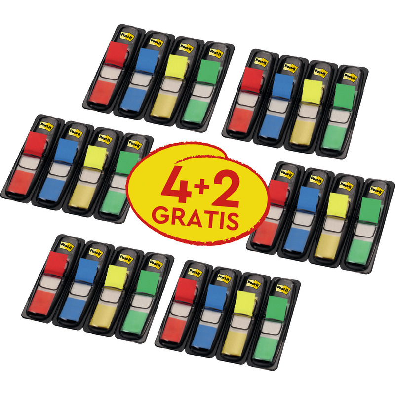 Post-it® Index Haftstreifen, Mini, Verschiedene Farben, 11.9 mm x 43.2 mm, 35 Haftstreifen/Spender, 4 Spender + 2 Gratis/Packung