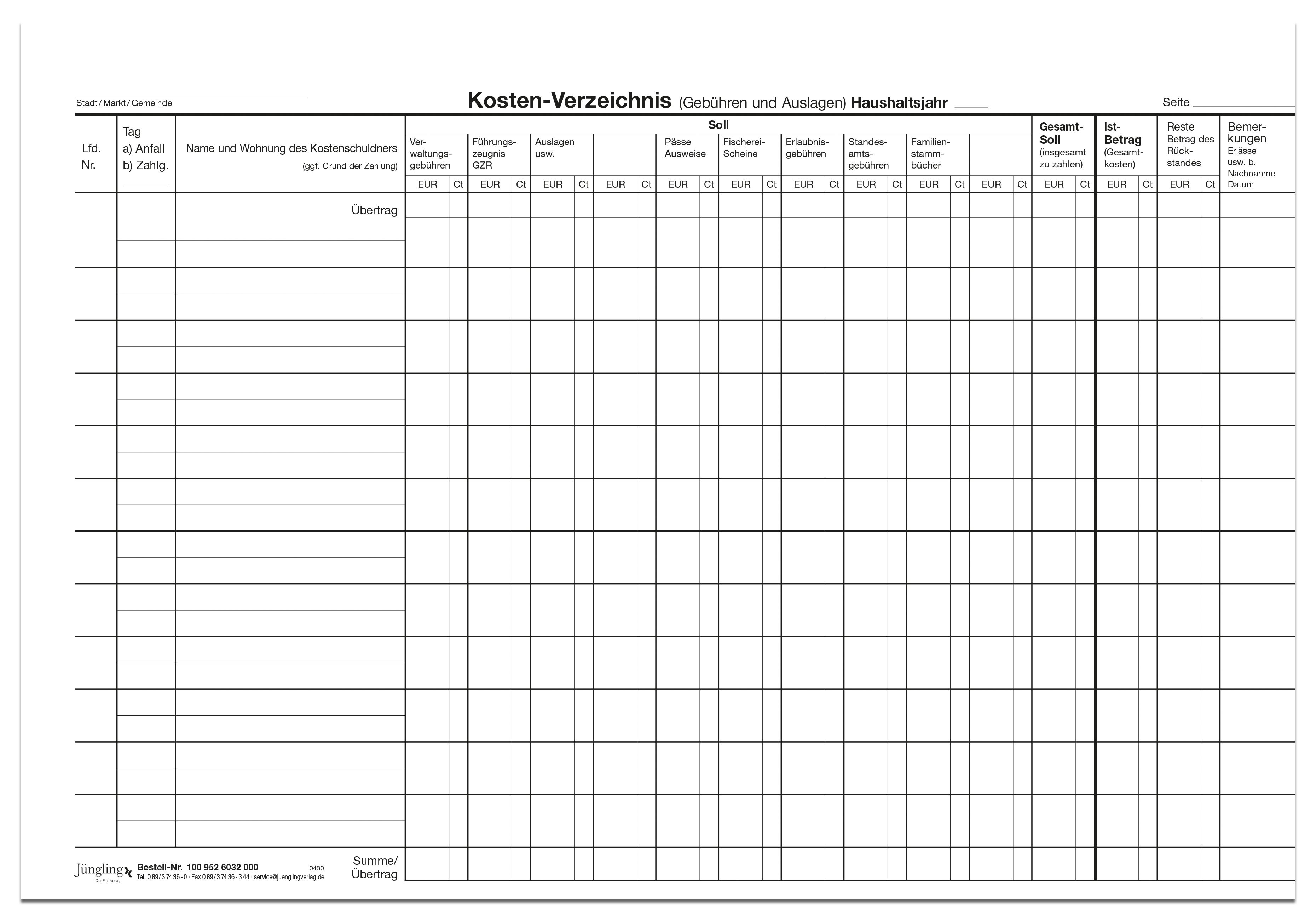 Kostenverzeichnis (12 Schuppen), vorgegebene Sachgruppen, A4 quer