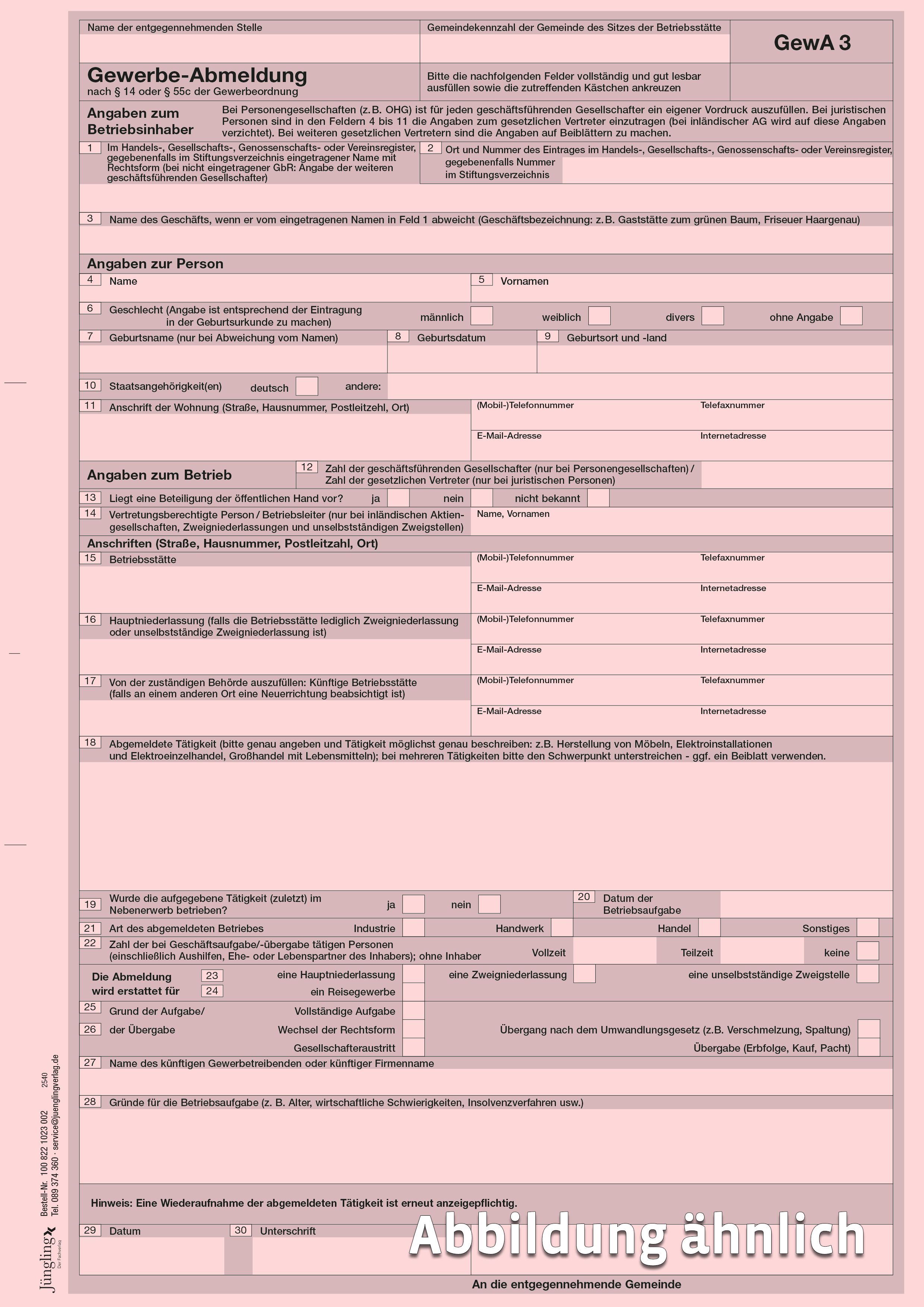 GewA 3 (Gewerbeabmeldung), ab 1.11.2025, A4 2-fach