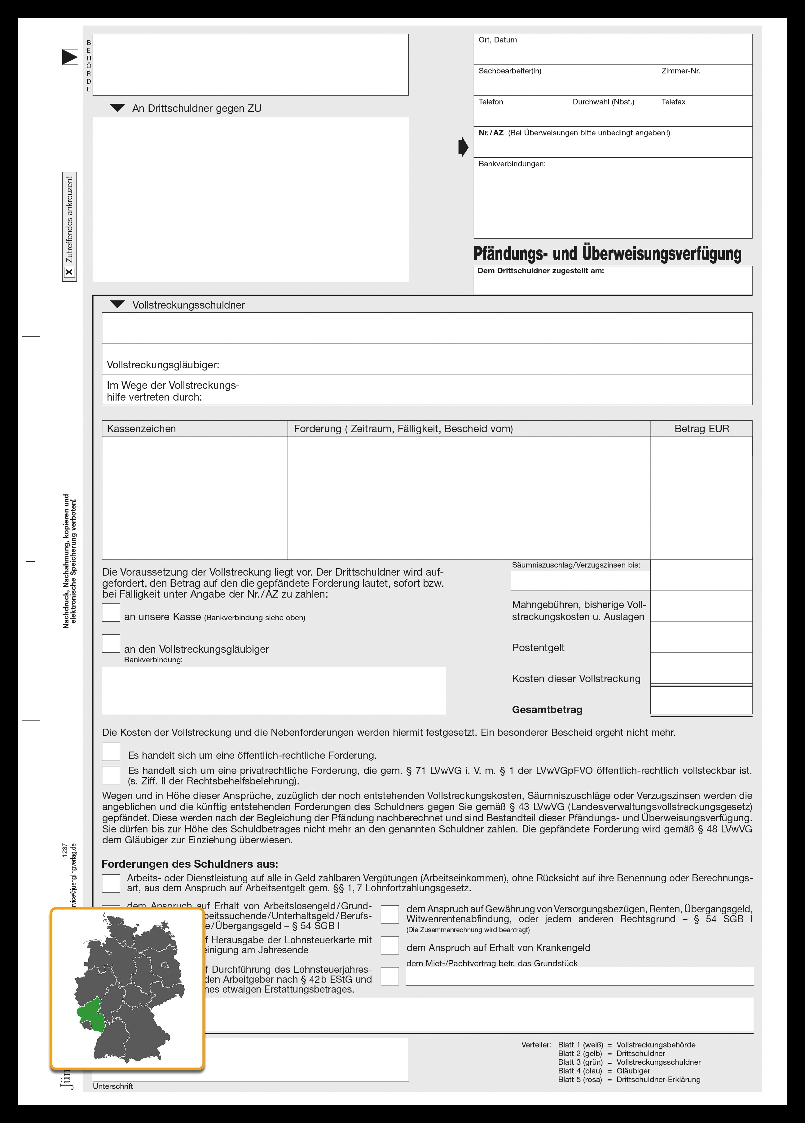 Pfändungs- und Überweisungsverfügung Lohnpfändung (Rheinland-Pfalz), A4 5-fach