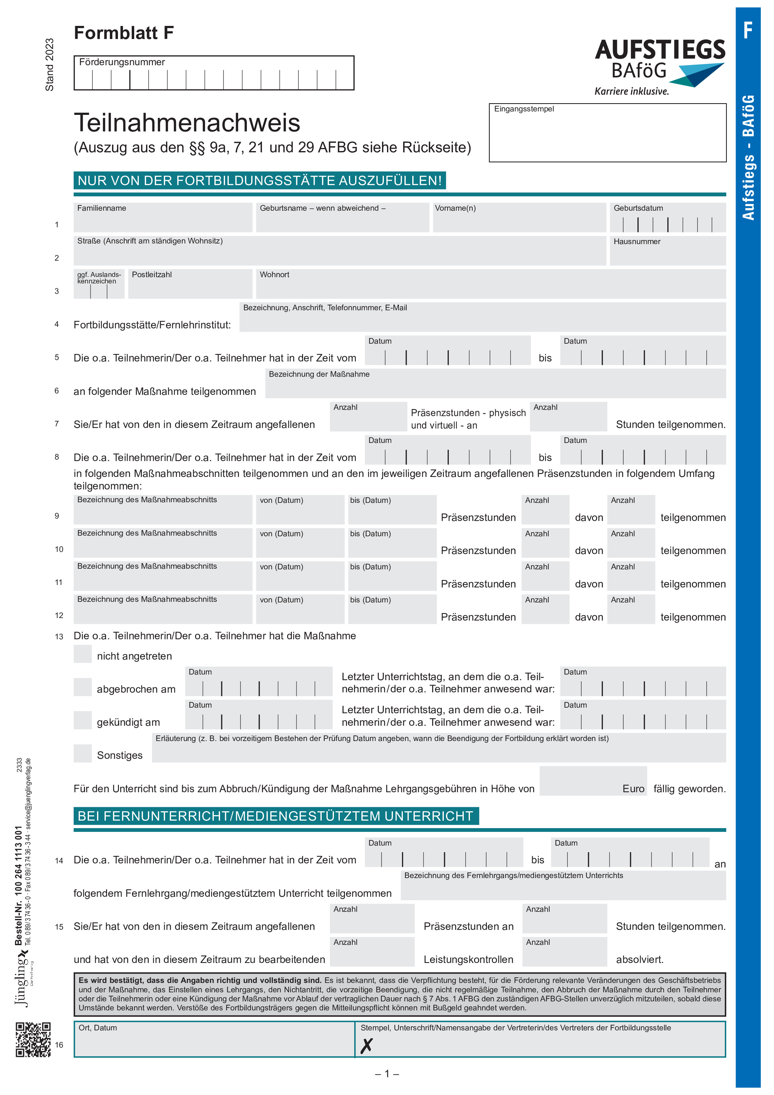 Formblatt F - Teilnahmenachweis, dunkelblau, A4, 2-seitig, gelocht