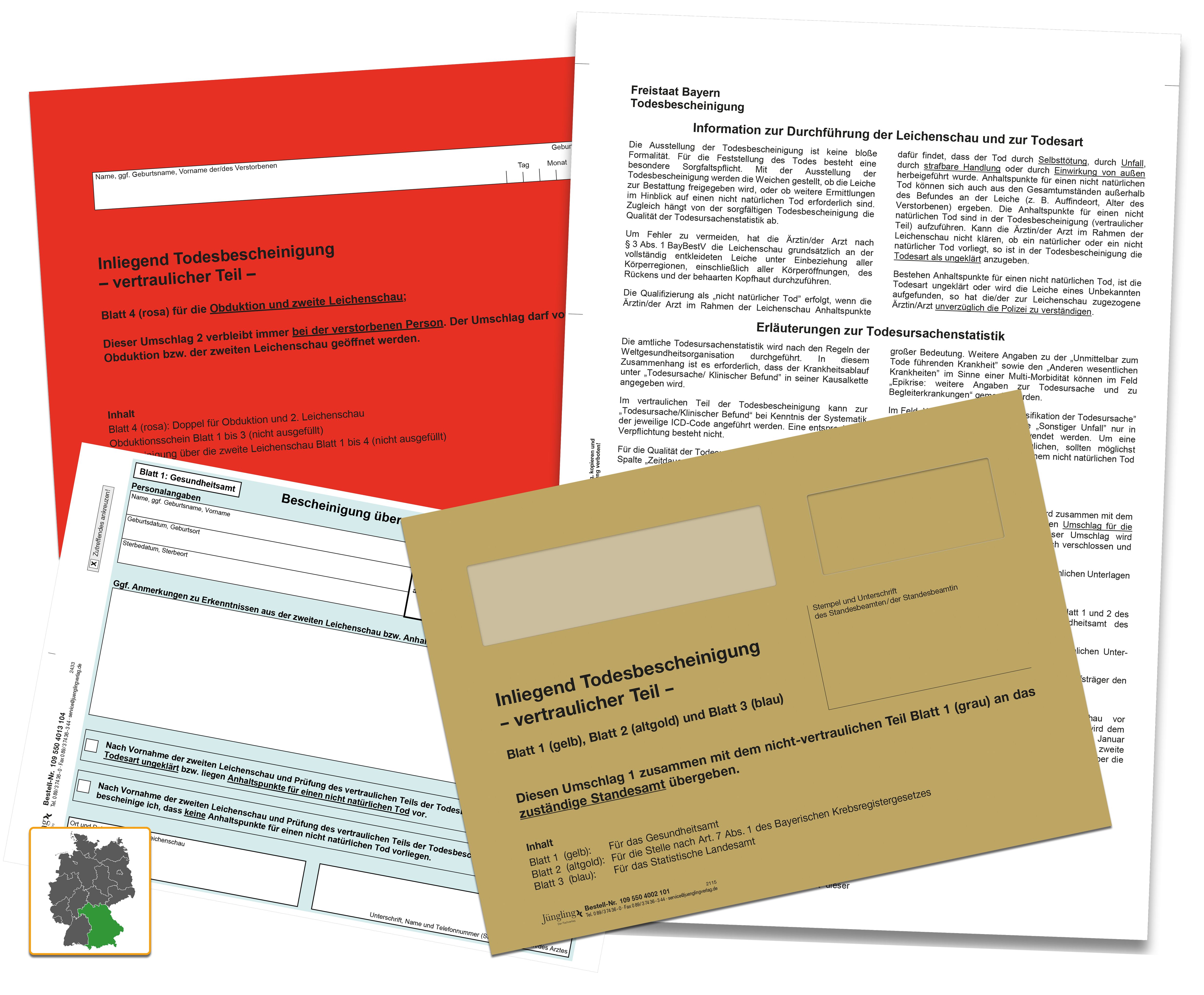 Set Todesbescheinigung Bayern, A4, 8-fach, inkl. Infoblatt und 2 Kuverts und Bescheinigung 2. Leichenschau (2025)