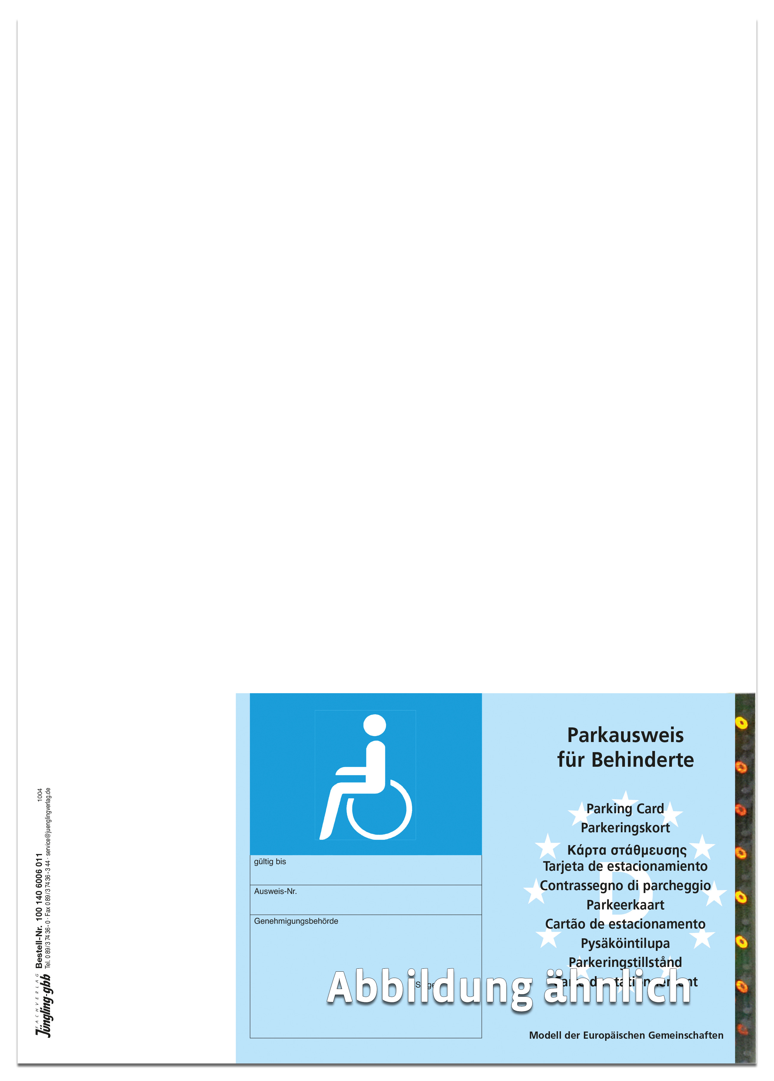 Parkausweis für Schwerbehinderte, EU-Modell, mit abtrennbarem Parkausweis,  Hologramm, blau, A4