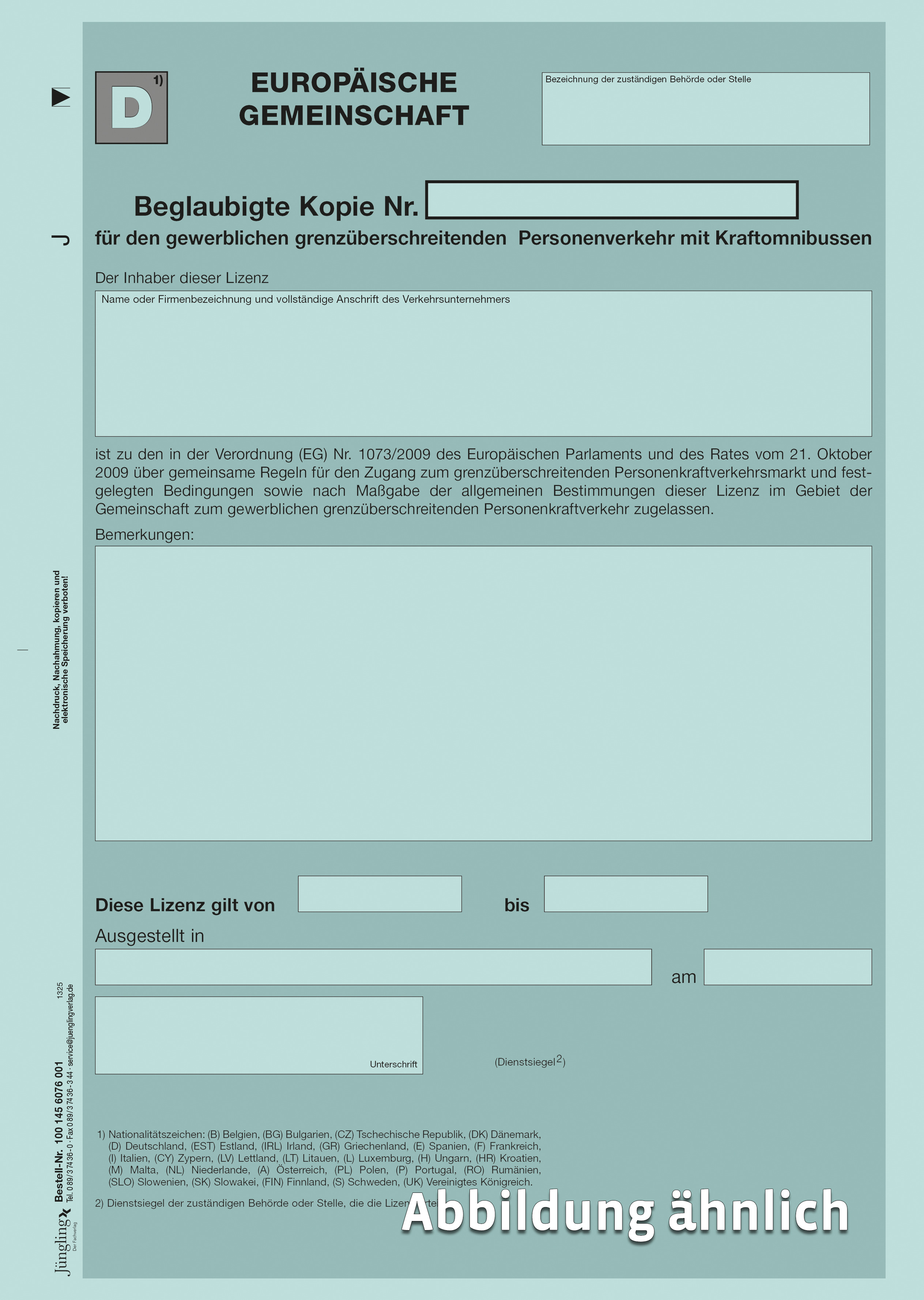 EU-Lizenz für den gewerblichen grenzüberschreitenden Verkehr mit KOM  (beglaubigte Kopie), Pantone hellblau 290c, A4 (Variante mit